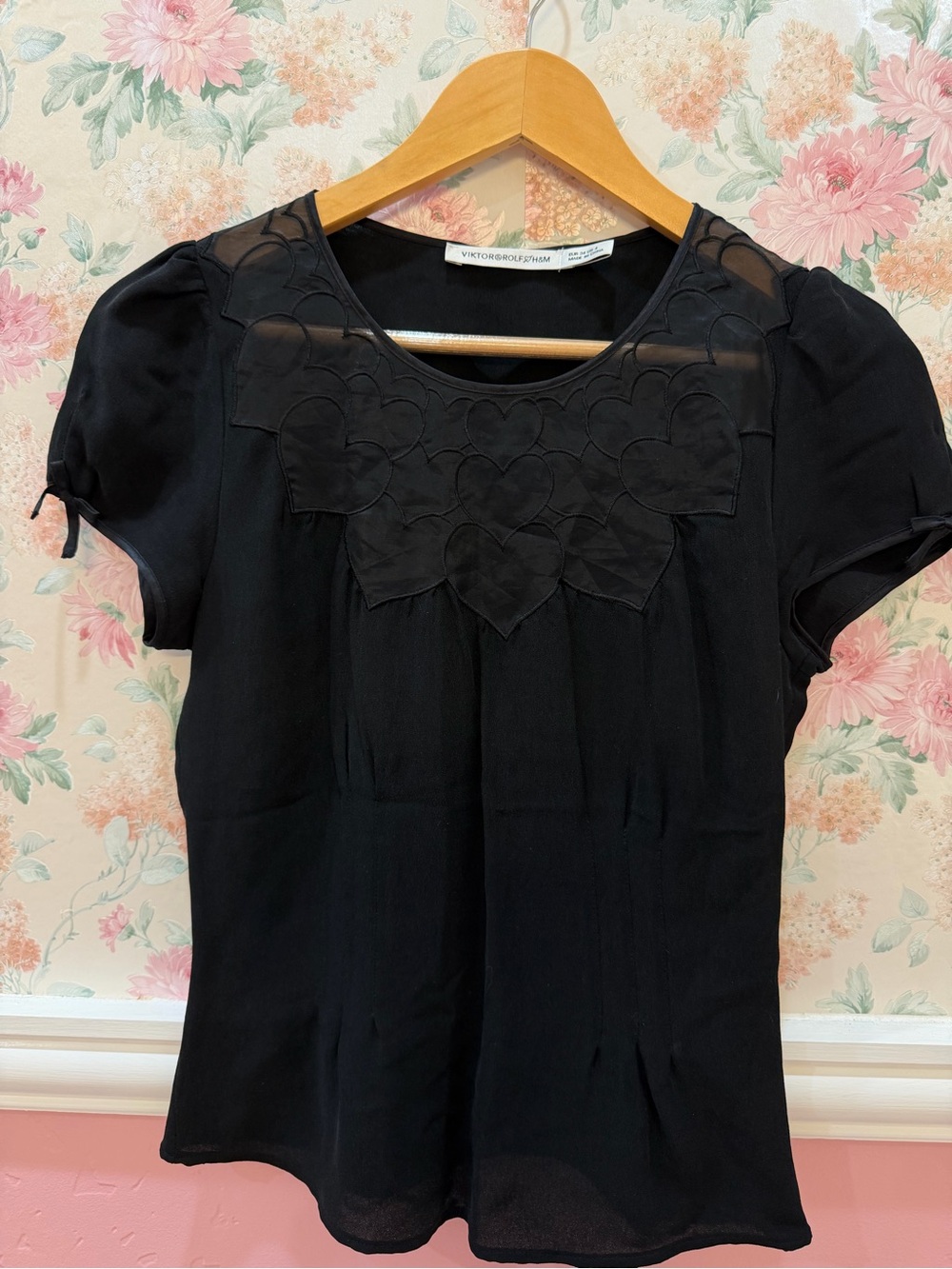 Silk Viktor & Rolf Black Short-Sleeve Blouse with Heart Appliqué Yoke